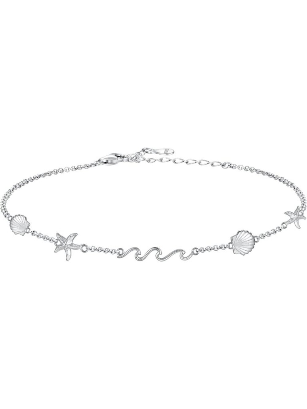 Sterling Silver Ocean Wave Shell Anklet, Sea Starfish Ankle Bracelet, Summer